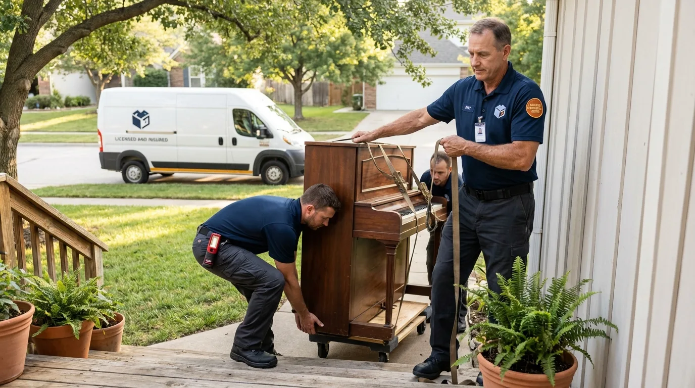 Licensed piano movers securing grand piano in Bellville, OH