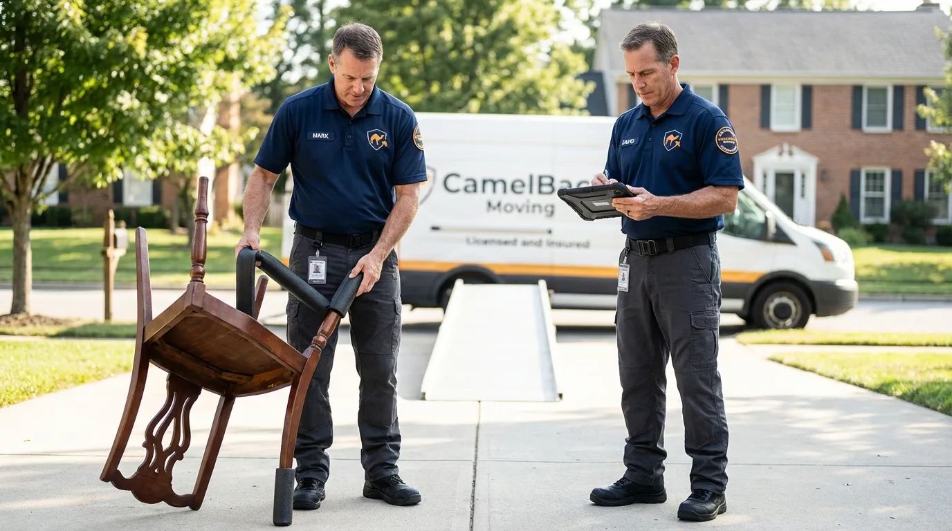 Movers inspecting furniture for damage prevention before loading in Bellville, OH